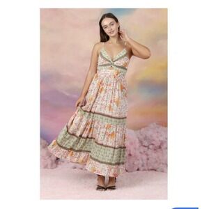 Angie Twist Keyhole Boho Floral Midi Dress V Neck Tiered Casual Beach Sz: Small‎